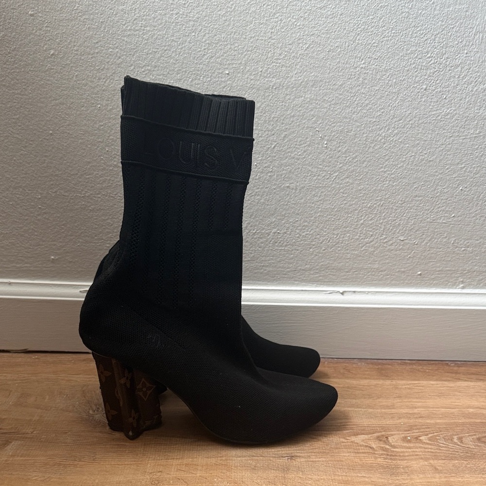 Louis Vuitton Black Stretch Sock Boots with Monogram Block Heel